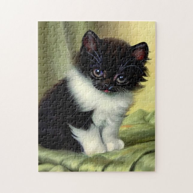 Puzzle Illustration vintage Tuxedo Kitten (Vertical)