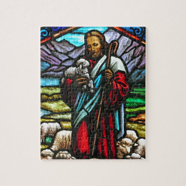 Puzzle Image en verre souillé de Jésus et des agneaux (Vertical)