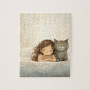 Puzzle Image mignonne de petite fille et chat