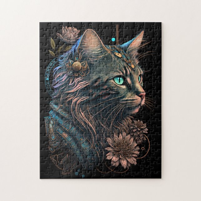 Puzzle Imaginaire bleu oeil chat avec fleurs IA art (Vertical)