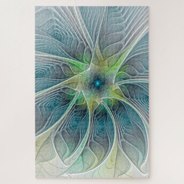 Puzzle Imaginaire fleuri Moderne Bleu Vert Fractal Fleur (Vertical)