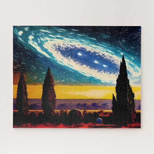 Puzzle Imaginaire Galaxie Bleue Sur Peinture Ciel Jaune (Horizontal)