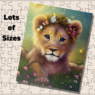 Puzzle Imaginaire Lion Cub sur l'herbe avec fleurs