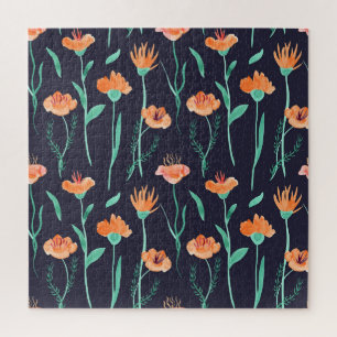 Puzzle Imaginaire Orange Fleurs : Aquarelle Motif foncé.