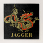 Puzzle Imaginaire rouge noir chinois Dragon Monogramme<br><div class="desc">Un dragon chinois noir féroce,  surligné d'or,  décore cet objet. Les accents rouges mettent en évidence la mâchoire,  la tête et la colonne vertébrale du dragon. Votre nom est écrit en or gras ci-dessous.</div>