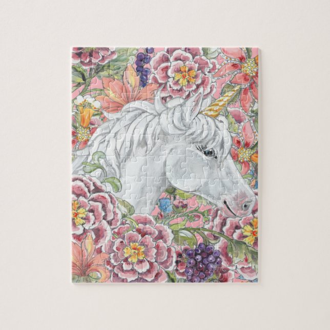 Puzzle Imaginaire Unicorn rose Fleurs tropicales (Vertical)