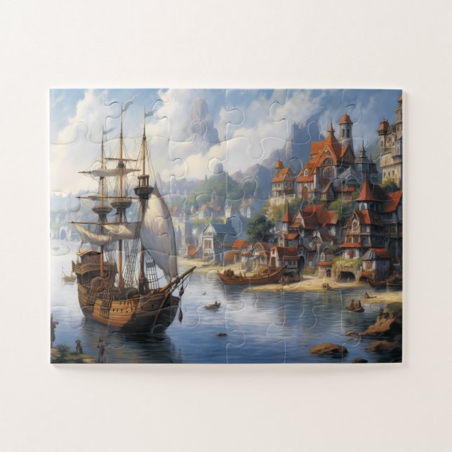 Puzzle Imaginaire Waterfront Village & Ship (Horizontal)