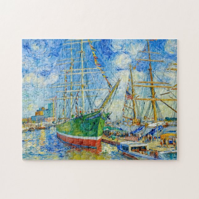 Puzzle Impressionist Tall Ship in Hamburg Harbor with Ref (Horizontal)