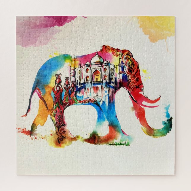 Puzzle Inde Elephant Vintage voyage Love Aquarelle (Vertical)