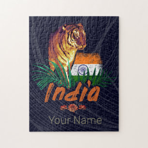 Puzzle Inde Tigre Vintage Avec Drapeau Retro Lotus Souven