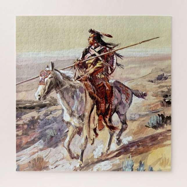 Puzzle « Indien avec lance » Cowboy Art par Charles Russe (Vertical)