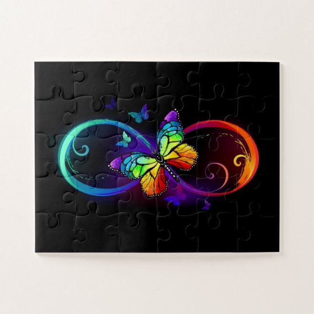 Puzzle Infini vibrant avec papillon arc-en-ciel sur noir (Horizontal)