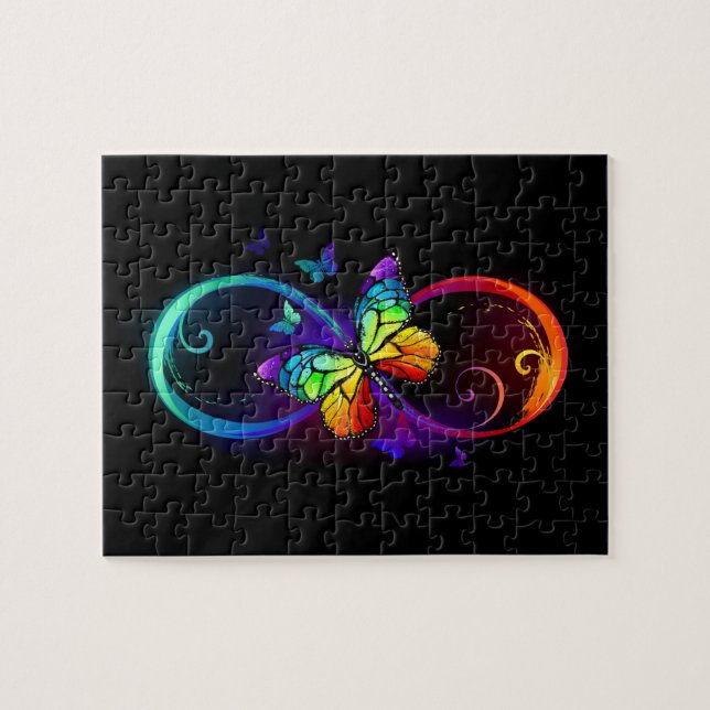 Puzzle Infini vibrant avec papillon arc-en-ciel sur noir (Horizontal)