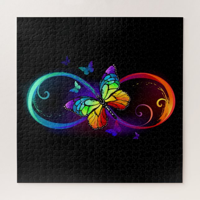 Puzzle Infini vibrant avec papillon arc-en-ciel sur noir (Horizontal)