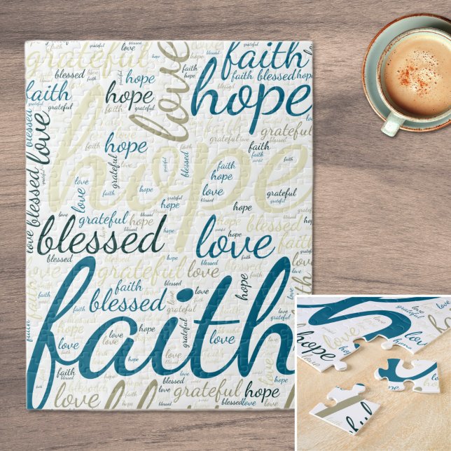 Puzzle Inspiration de l'espoir et de la foi Texte dans le (Inspirational Hope and Faith Text Blue and Tan Jigsaw Puzzle)