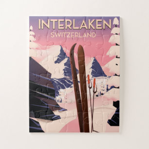 Puzzle Interlaken Switzerland Ski travel poster.