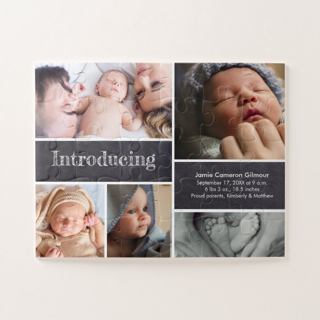 Puzzle Introduction Baby Photo Collage Birth Announcement (Horizontal)