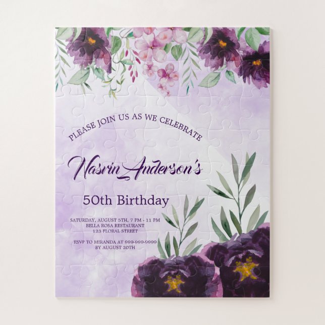 Puzzle Invitation d'anniversaire florale violette élégant (Vertical)
