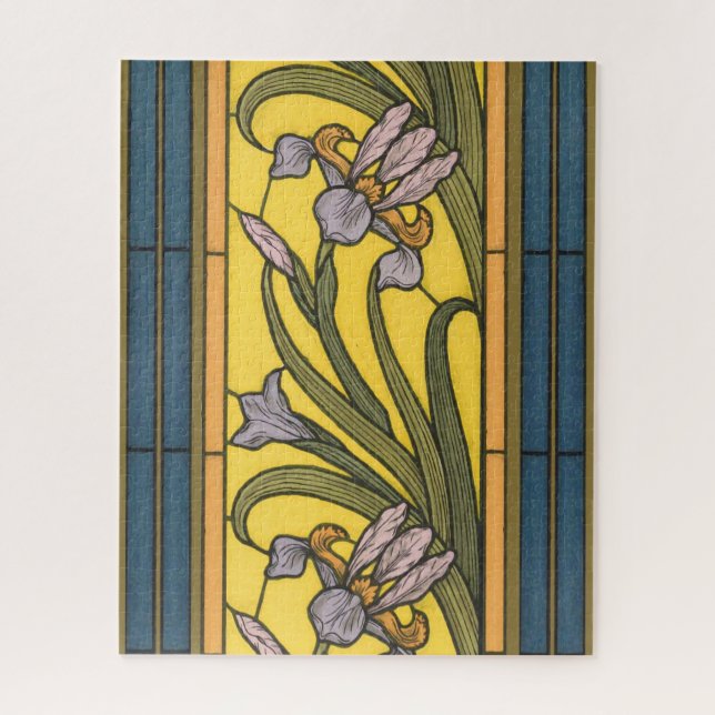 Puzzle Iris Fleur Art Nouveau Vitrail Bleu Or (Vertical)