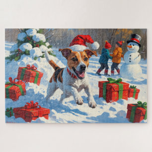Puzzle Jack Russell courant dans la neige avec un chapeau