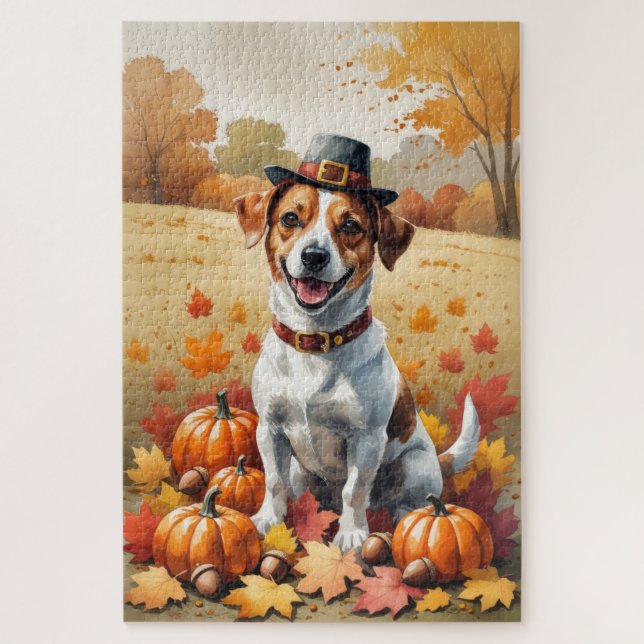 Puzzle Jack Russell dans l'art de Thanksgiving aux feuill (Vertical)