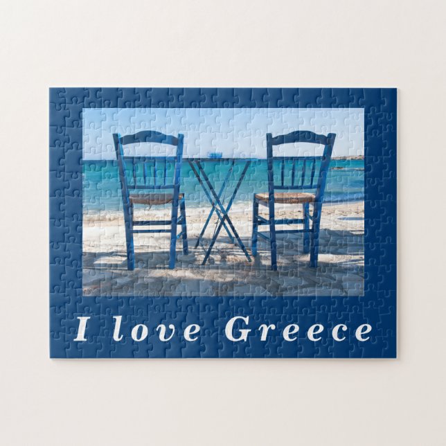 Puzzle J'aime Grèce taverna photo bleu et blanc (Horizontal)