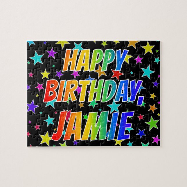 Puzzle "JAMIE" Prénom, Amusant "HEUREUX ANNIVERSAIRE" (Horizontal)