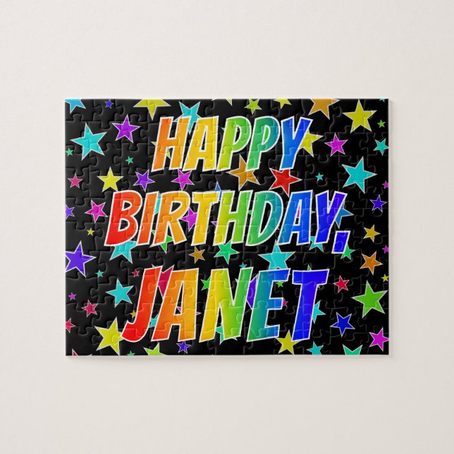 Puzzle "JANET" Prénom, Amusant "HEUREUX ANNIVERSAIRE" (Horizontal)