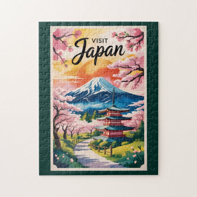 Puzzle Japan Mount Fuji Illustration Travel Art Vintage (Vertical)