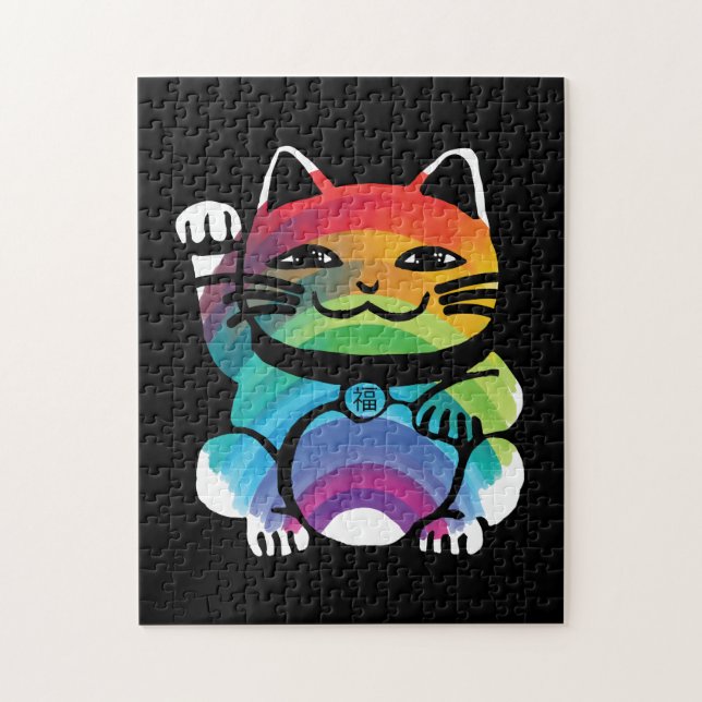 Puzzle Japanese Good Luck Cat with Rainbow (Vertical)