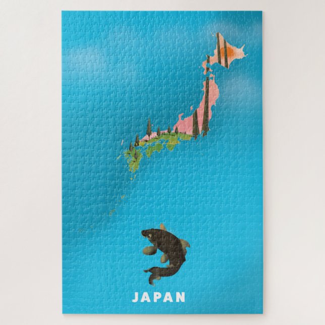 Puzzle Japon Carte illustrée imprimé affiche de voyage. (Vertical)