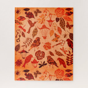 Puzzle Jardin d'automne patchwork oiseau et feuille autom
