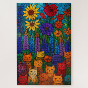 Puzzle Jardin de chats Art de chat en vitrail avec des fl