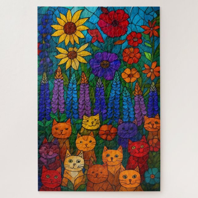 Puzzle Jardin de chats Art de chat en vitrail avec des fl (Vertical)