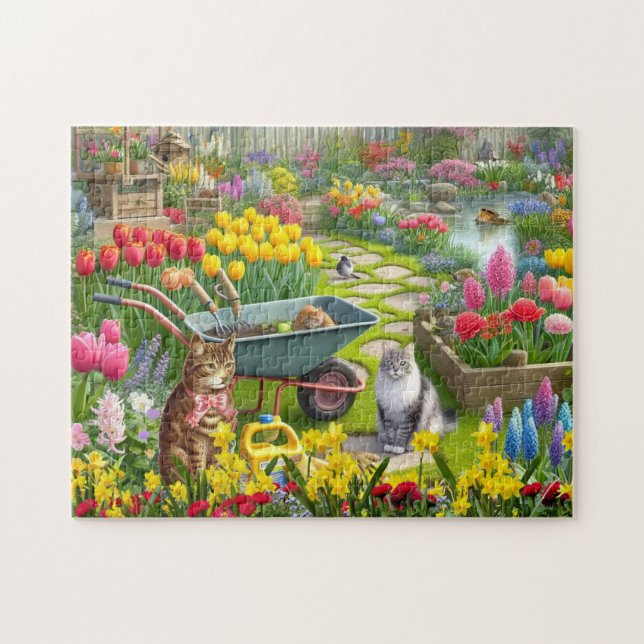 Puzzle Jardin de fleurs avec des chats / Amateur de chats (Horizontal)