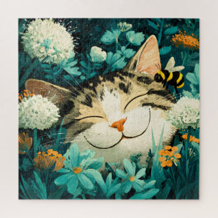 Puzzle Jardin de fleurs de chat endormi aquarelle abeille