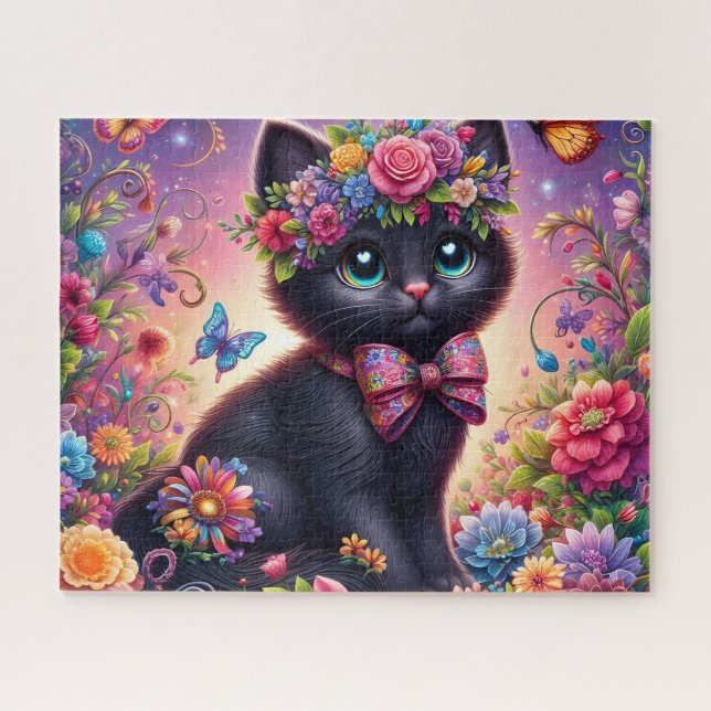Puzzle Jardin de fleurs de chat noir mignon (Horizontal)