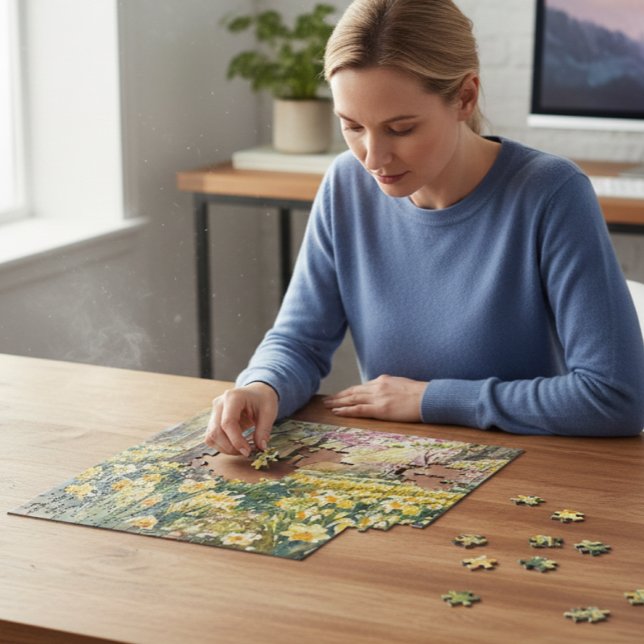 Puzzle Jardin de jonquilles dorées Fleurs aquarelle  (Spring forest puzzle brings the outdoors to your desk.)