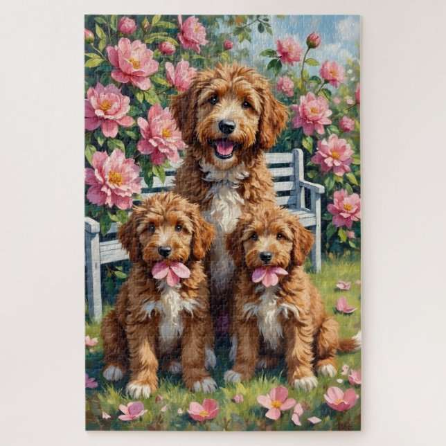 Puzzle Jardin de pivoines Bernedoodle Art (Vertical)