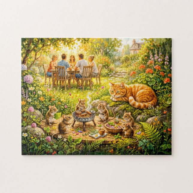 Puzzle Jardin de souris BBQ avec chat qui regarde (Horizontal)