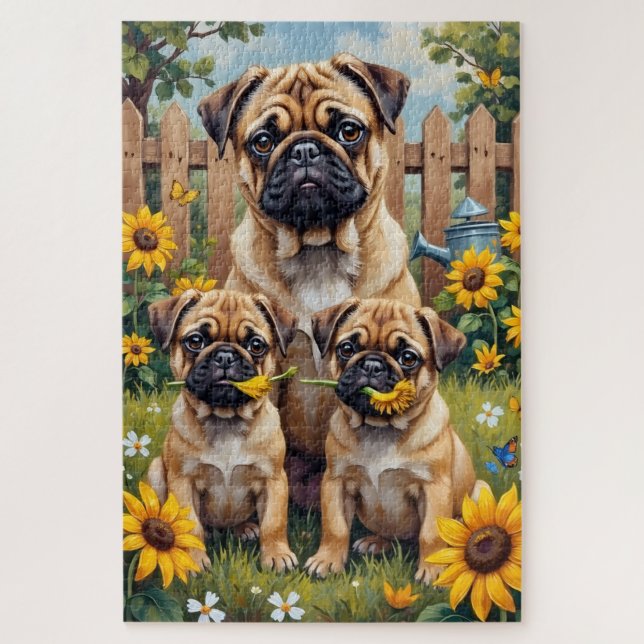 Puzzle Jardin de tournesols Pug Art (Vertical)