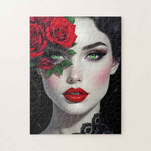 Puzzle Je t'aime Belle femme avec rose rouge