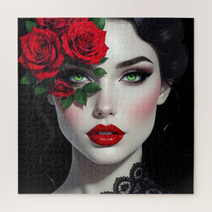 Puzzle Je t'aime Belle femme avec rose rouge