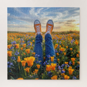 Puzzle Jean en Denim et Baskets Orange dans des Fleurs