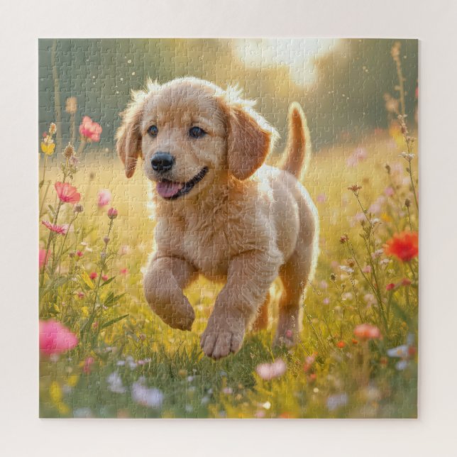 Puzzle Jeune chiot Retriever doré courant dans un pré (Vertical)