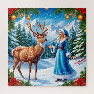 Puzzle Jeune fille de neige enchantant la scène hivernale