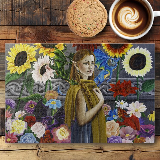 Puzzle Jeune fille elfe dragon enchantée jardin de fleurs (Créateur téléchargé)