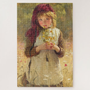 Puzzle Jeune fille mignonne tenant des fleurs de tasse à