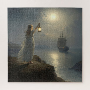 Puzzle Jeune fille tenant une lanterne dans un port