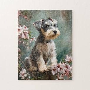 Puzzle Jeune Schnauzer parmi les fleurs de cerisier print